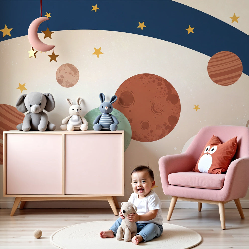 Space planet mural wallpaper in modern kids bedroom with colorful planets and golden stars by Kids-Mundo