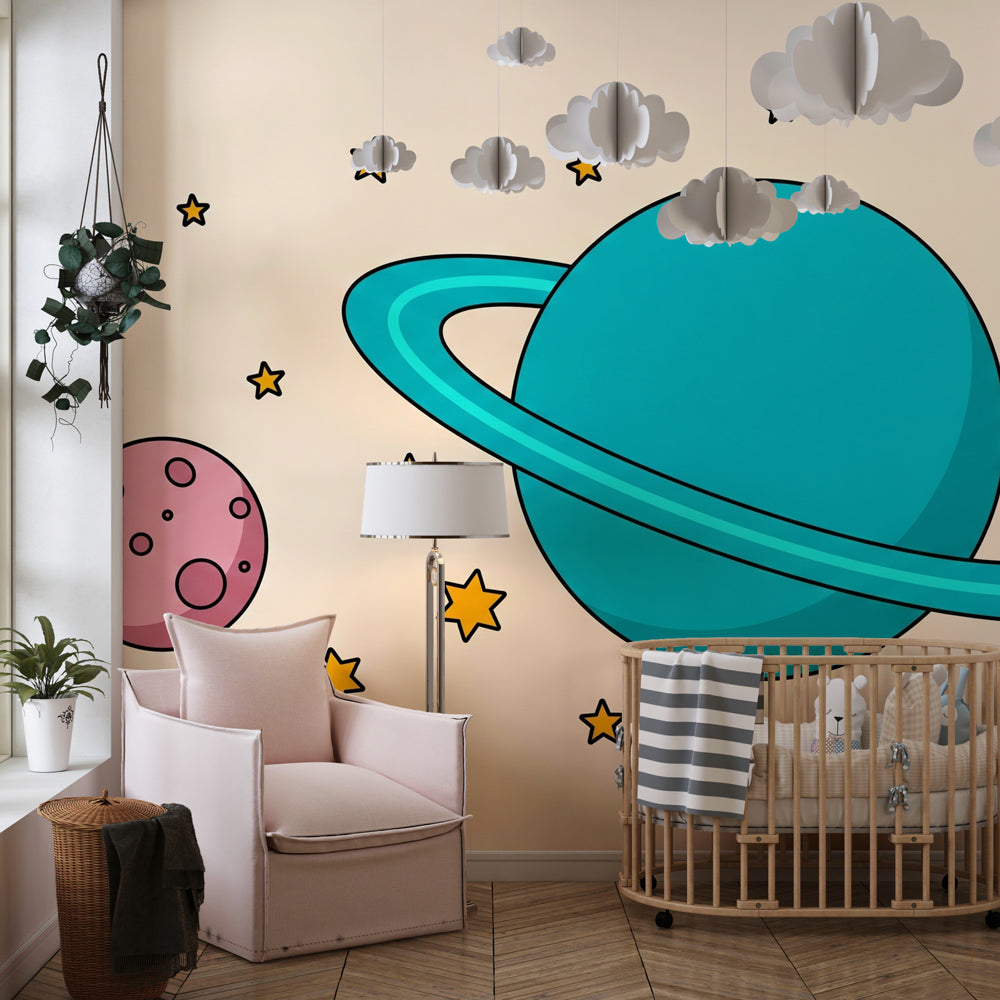Colorful solar system wallpaper with planets and stars in modern kids bedroom
