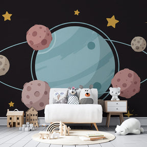 Colorful space wallpaper with planets and moons decorating modern children's bedroom by Kids-Mundo