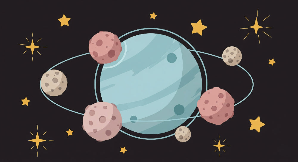 Detailed space planet mural wallpaper design pattern with moons, stars and cosmic elements by Kids-Mundo