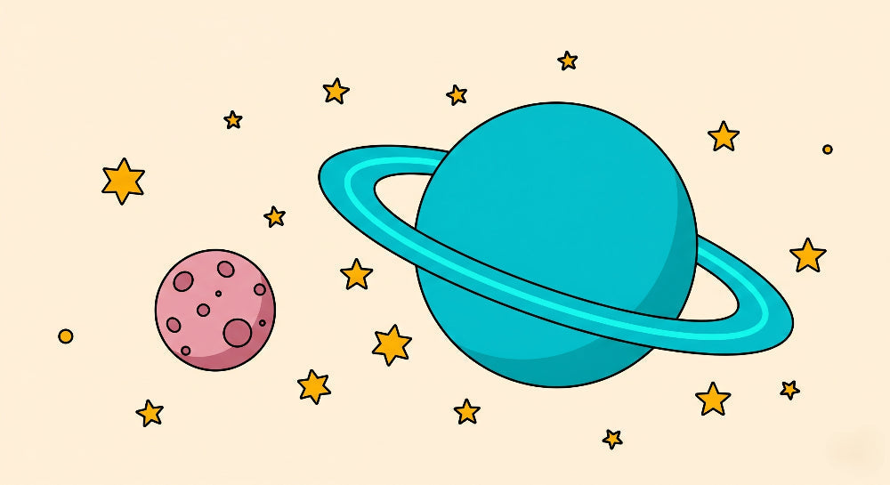 Detailed space planet mural wallpaper design pattern with golden stars on beige by Kids-Mundo