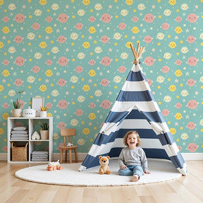 Space planet mural wallpaper with smiling stars in modern nursery by Kids-Mundo