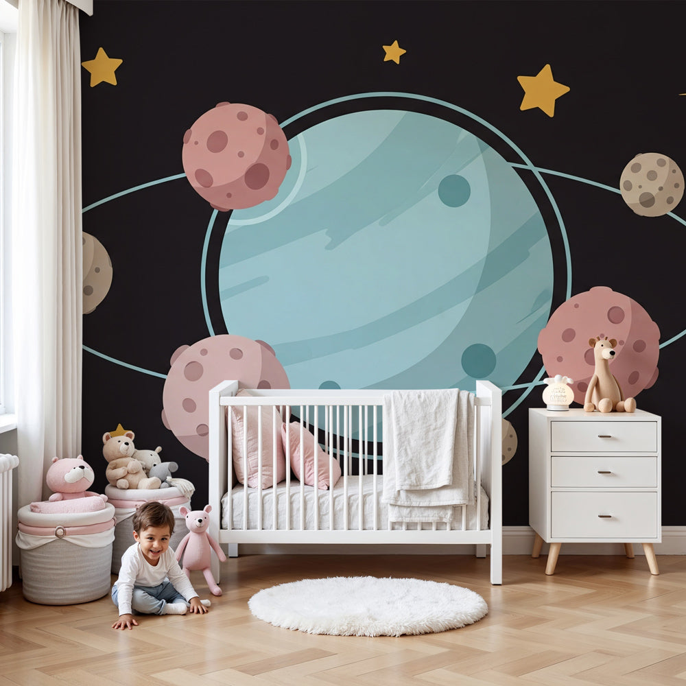 Space planet mural wallpaper creating cosmic nursery decor with soft blue and pink galaxy theme by Kids-Mundo