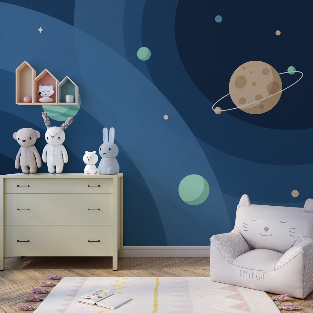 Deep blue space themed mural wallpaper with planets creating educational playroom decor by Kids-Mundo