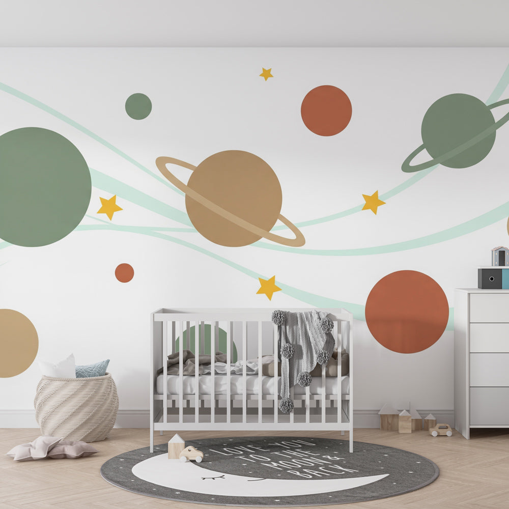 Interstellar adventure themed mural wallpaper for kids playroom by Kids-Mundo