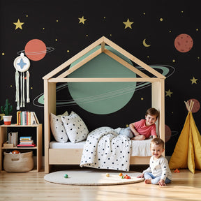 Space planets mural wallpaper creating cosmic atmosphere in modern kids bedroom by Kids-Mundo