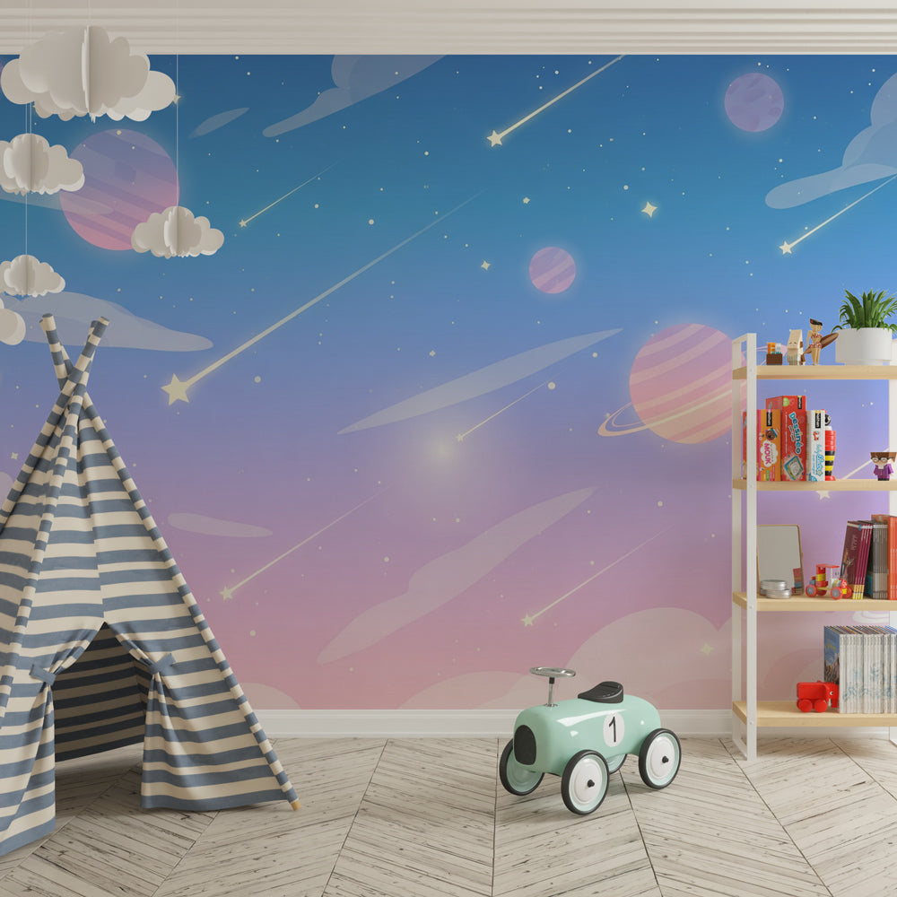 Starry sky wallpaper creating dreamy children's bedroom with colorful planets and stars