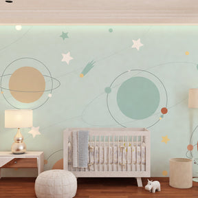 Colorful space-themed mural wallpaper transforming kids bedroom into galactic adventure room