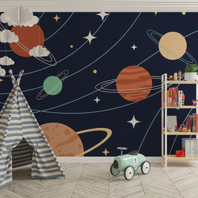 Interstellar adventure wallpaper creating cosmic atmosphere in children's bedroom decor