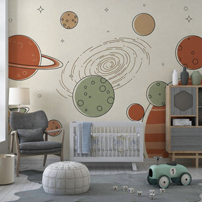 Colorful space wallpaper creating educational kids bedroom with planets and stars theme