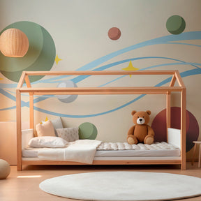 Colorful universe wallpaper creating intergalactic kids bedroom atmosphere with floating planets