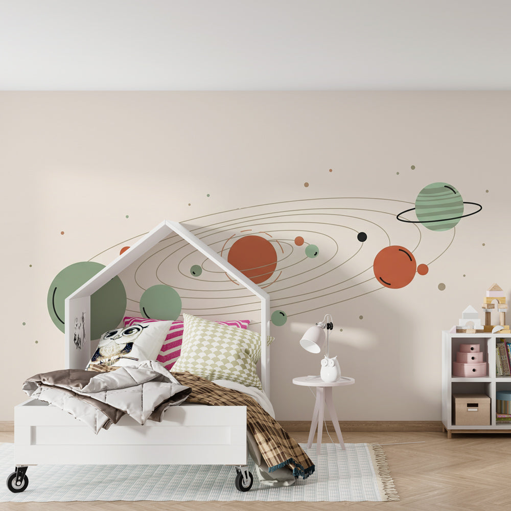 Colorful planets wallpaper transforming children's bedroom into space adventure theme by Kids-Mundo