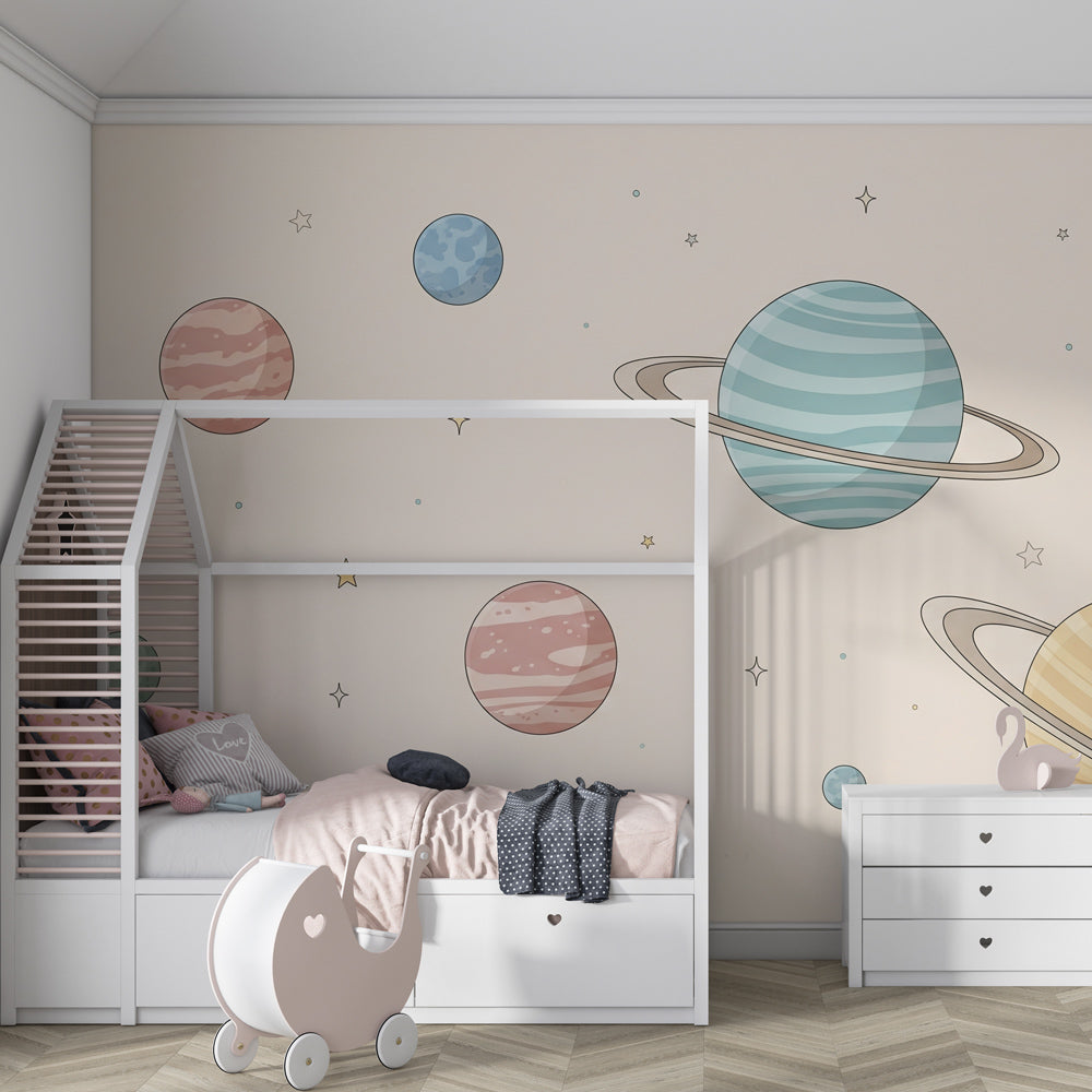 Celestial planets wallpaper creating dreamy atmosphere in children's bedroom