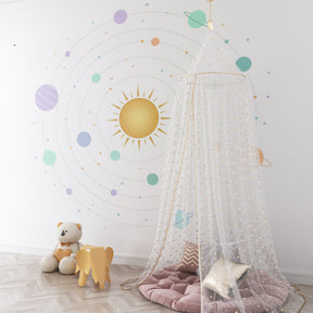 Pastel planets wallpaper creating dreamy space-themed kids bedroom with soft colors