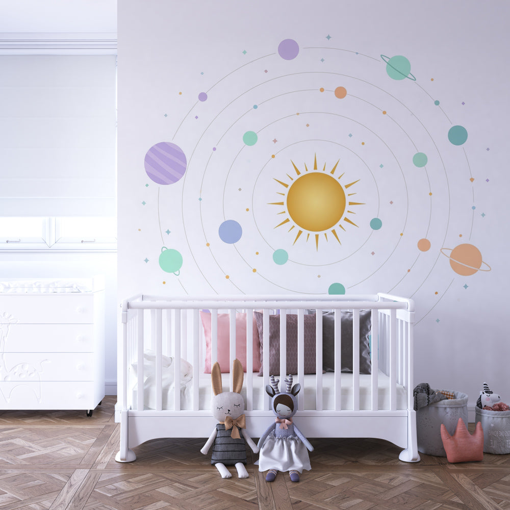 Solar system mural wallpaper transforming children's room into magical space adventure