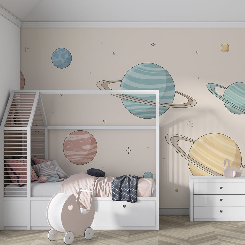 Starry universe mural wallpaper with colorful planets for kids room by Kids-Mundo