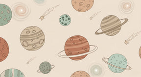 Detailed space planets mural wallpaper design pattern with colorful planets on beige background by Kids-Mundo