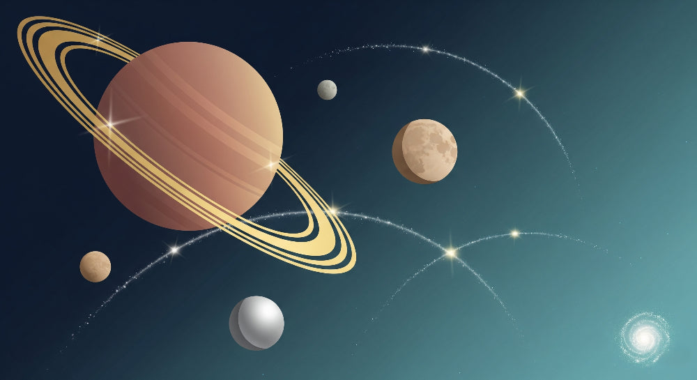 Detailed space planets and stars mural wallpaper design pattern by Kids-Mundo