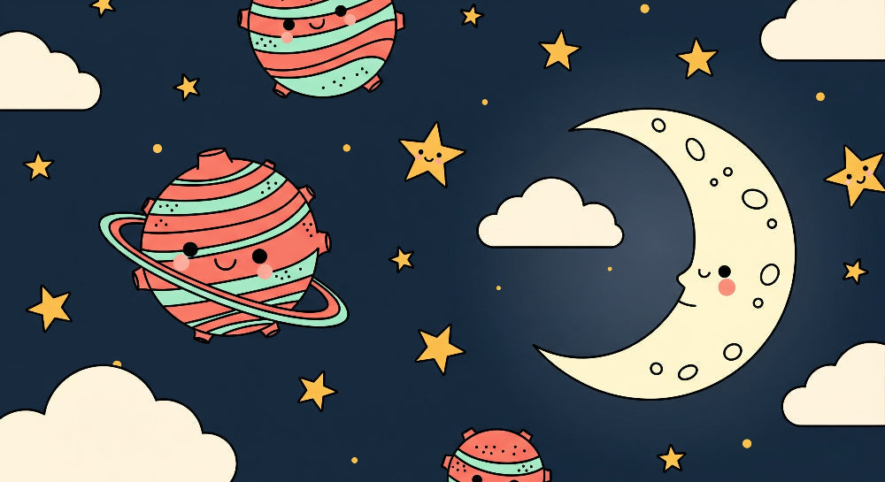 Detailed space planets mural wallpaper design pattern with happy moon and stars by Kids-Mundo