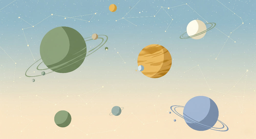 Detailed space planets mural wallpaper design pattern showing cosmic universe with colorful planets by Kids-Mundo
