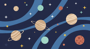Detailed space planets mural wallpaper design pattern with floating celestial bodies by Kids-Mundo