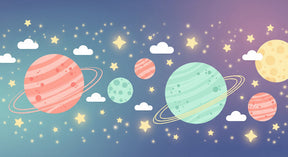 Detailed space planets mural wallpaper design pattern with colorful cosmic elements by Kids-Mundo