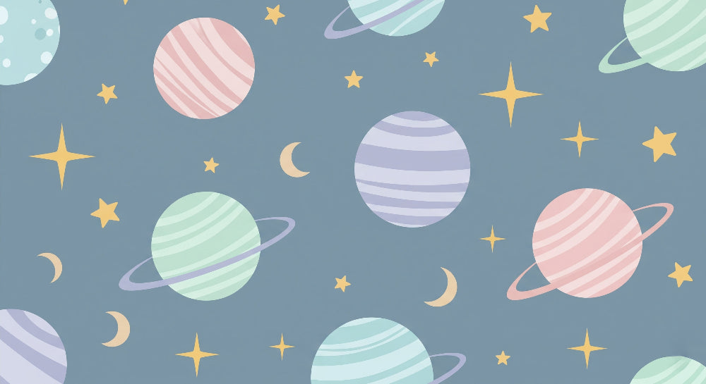 Detailed space planets mural wallpaper design pattern with colorful cosmic elements by Kids-Mundo