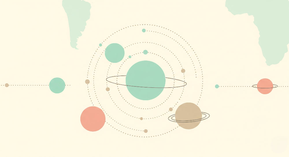 Detailed minimalist space planets mural wallpaper design pattern with soft colors by Kids-Mundo
