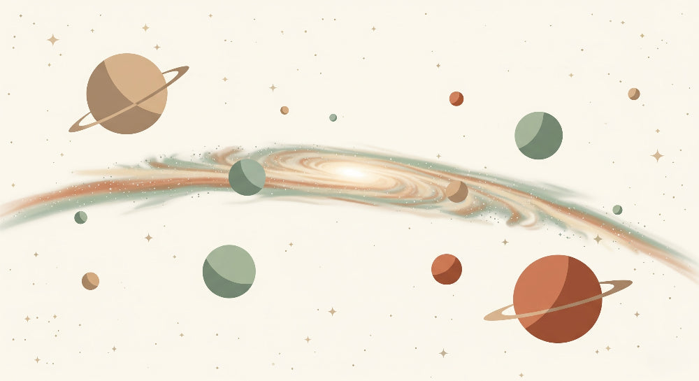 Detailed space planets mural wallpaper design pattern showing floating planets and cosmic elements by Kids-Mundo