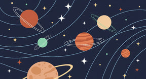 Detailed space planets mural wallpaper design pattern with navy cosmos and orbital lines by Kids-Mundo