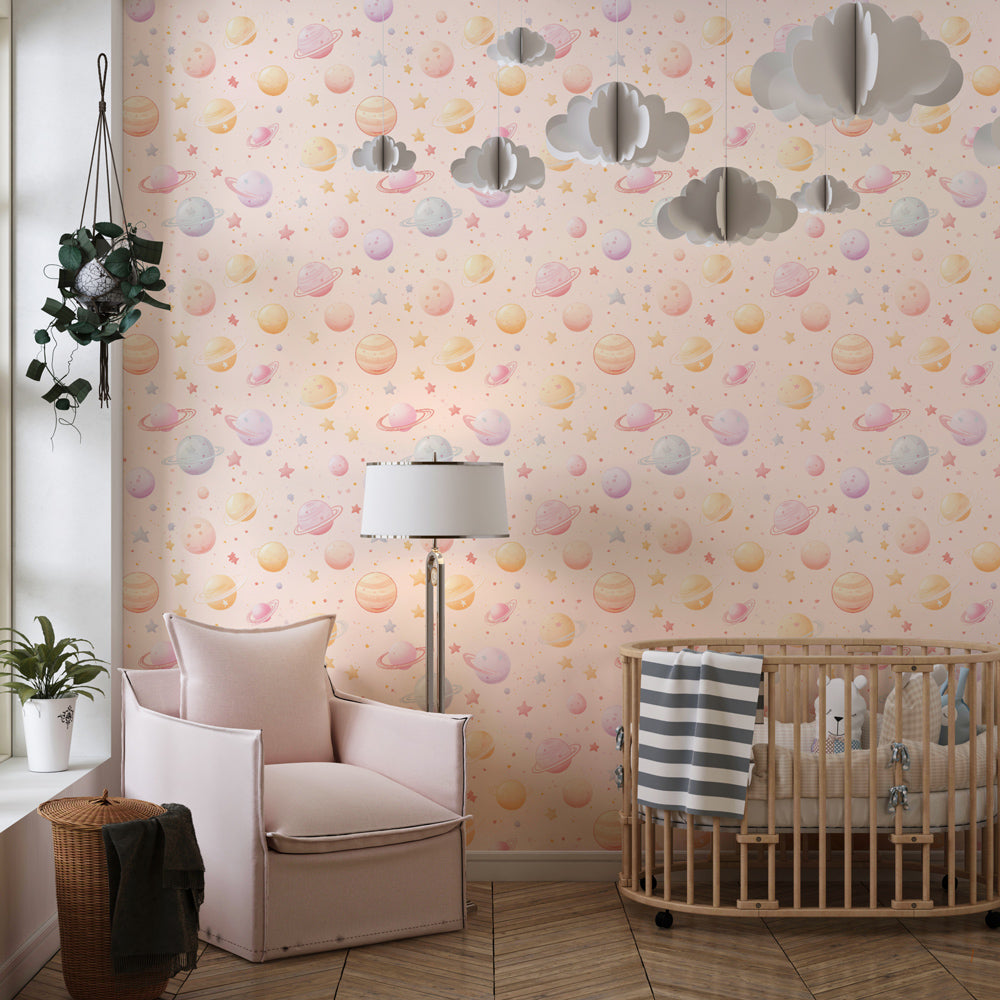 Children's space themed room featuring pastel planets and stars mural wallpaper by Kids-Mundo
