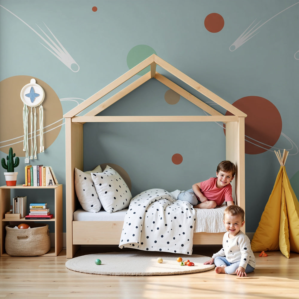 Space planets mural wallpaper in modern nursery with colorful cosmic design by Kids-Mundo