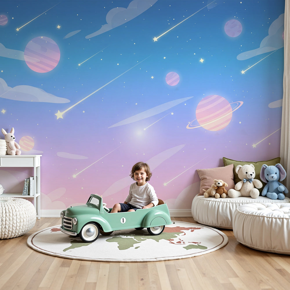 Space planets mural wallpaper in modern nursery with pastel cosmic design by Kids-Mundo