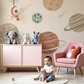 Space planets mural wallpaper in modern nursery with colorful cosmic design by Kids-Mundo