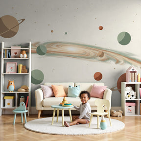 Space planets mural wallpaper creating cosmic nursery decor with floating planets and galaxies by Kids-Mundo