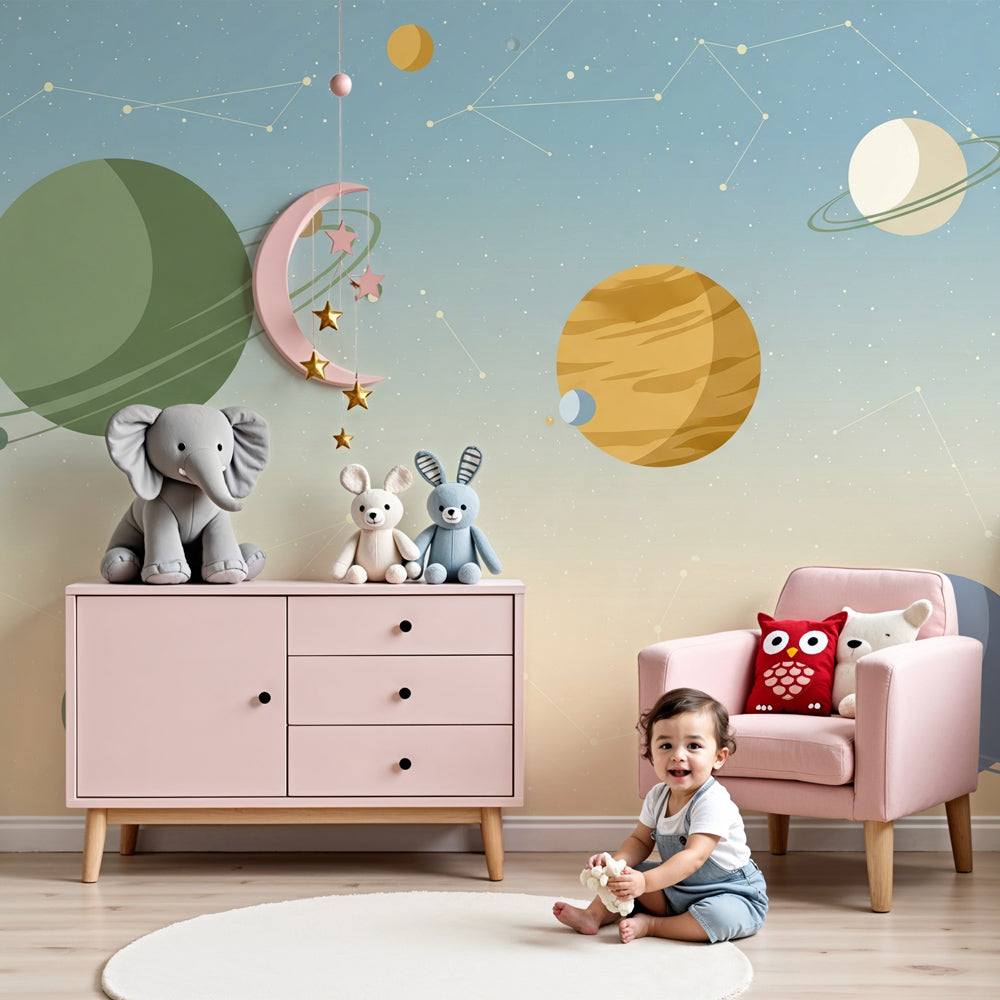 Space planets mural wallpaper creating cosmic nursery atmosphere with colorful celestial design by Kids-Mundo