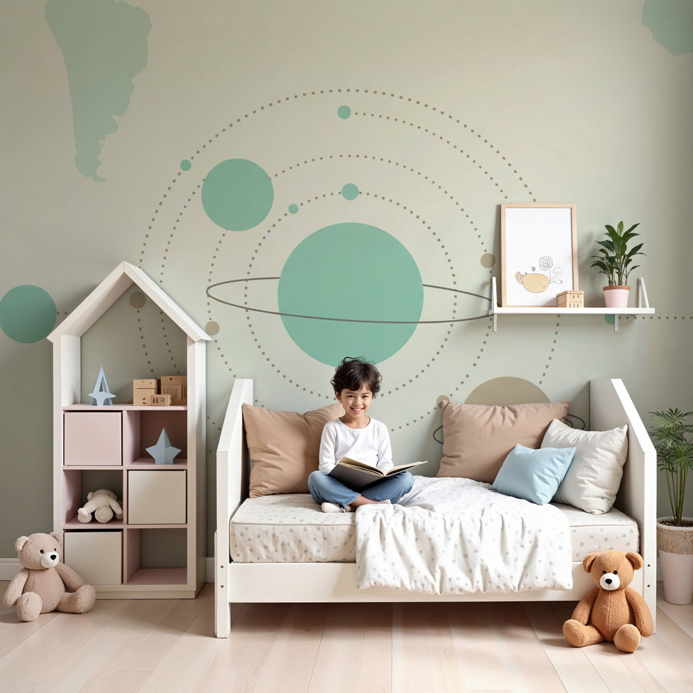 Minimalist space planets mural wallpaper creating serene cosmic nursery decor by Kids-Mundo