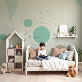 Minimalist space planets mural wallpaper creating serene cosmic nursery decor by Kids-Mundo