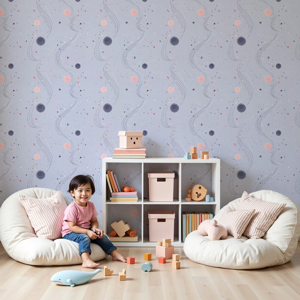 Space planets mural wallpaper with starry universe design in modern kids nursery by Kids-Mundo
