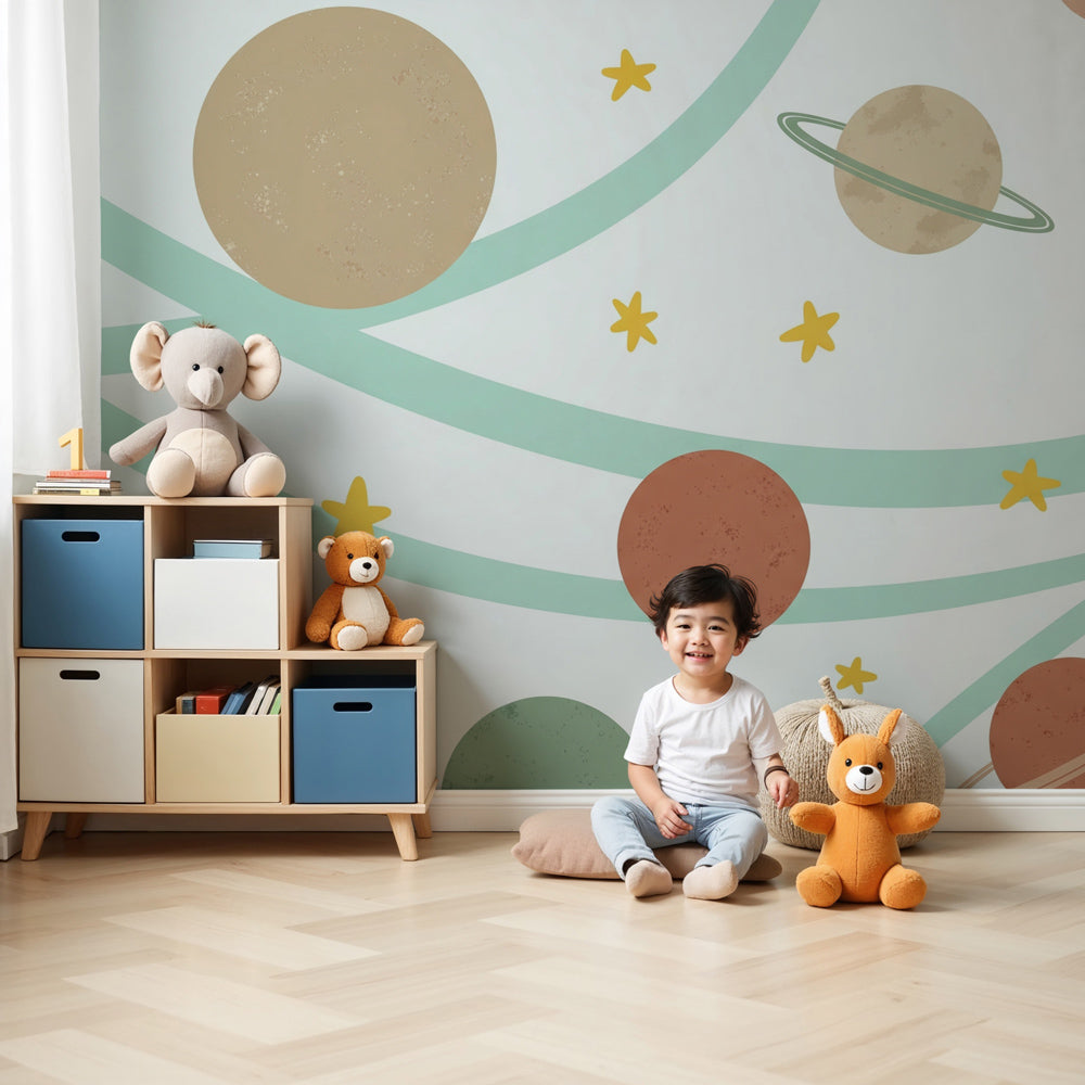 Space planets mural wallpaper in modern nursery with wooden furniture by Kids-Mundo