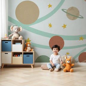 Space planets mural wallpaper in modern nursery with wooden furniture by Kids-Mundo