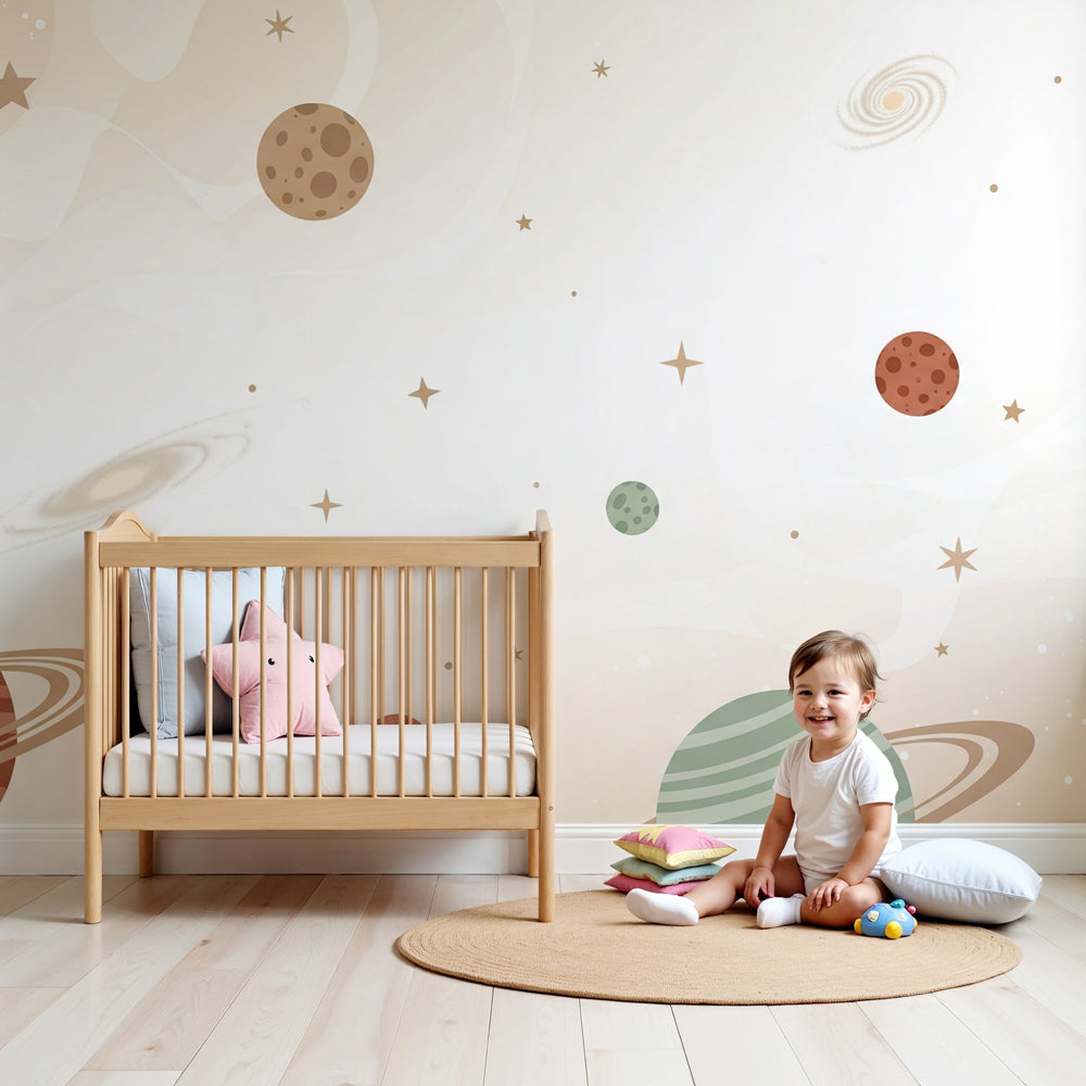 Space planets mural wallpaper in modern nursery room with colorful cosmic design by Kids-Mundo