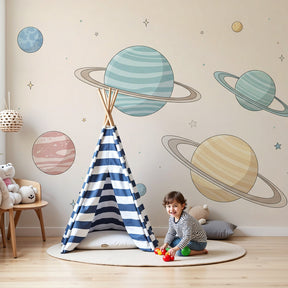 Space planets mural wallpaper with pastel colors in modern nursery room by Kids-Mundo