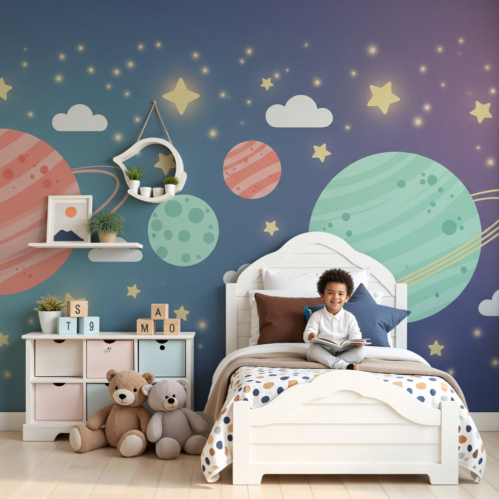 Space planets mural wallpaper creating magical intergalactic nursery decor by Kids-Mundo