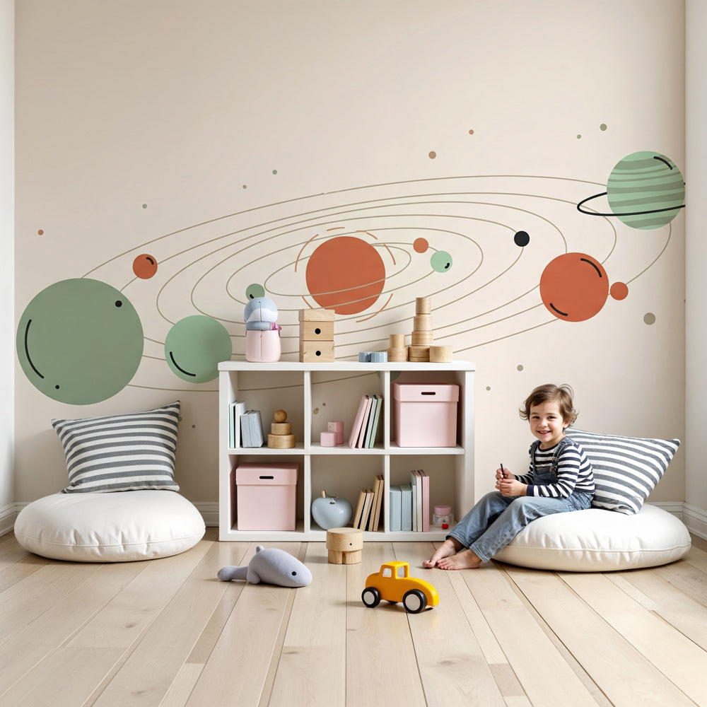 Space planets mural wallpaper creating cosmic nursery decor with colorful solar system by Kids-Mundo