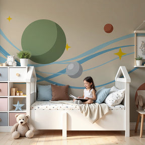 Space planets mural wallpaper in modern nursery with cosmic theme decor by Kids-Mundo