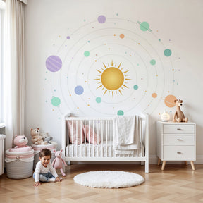 Space planets mural wallpaper with pastel solar system in modern nursery by Kids-Mundo