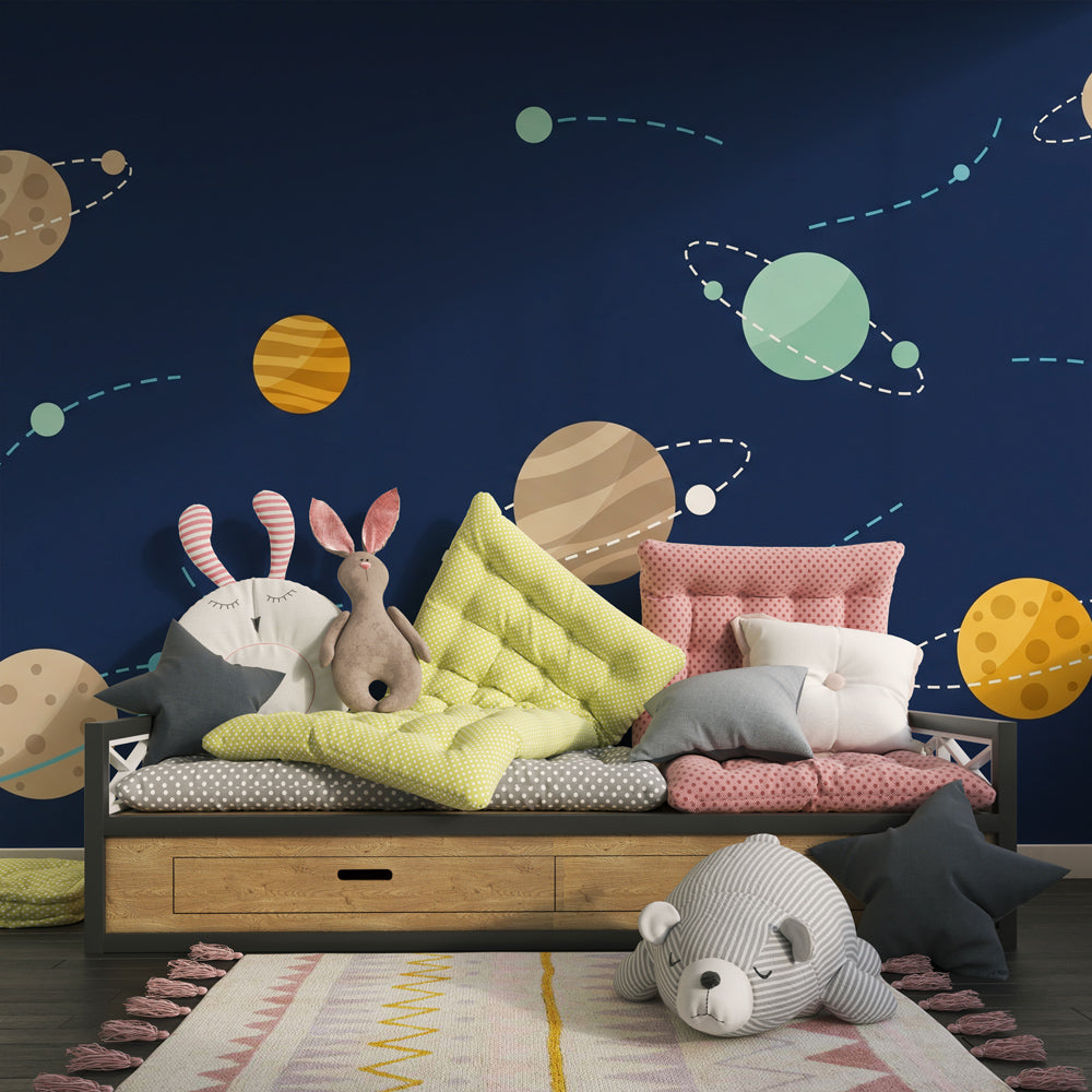 Educational space themed mural wallpaper with planets in children's playroom setting