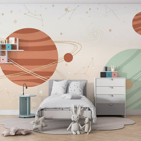 Space-themed mural wallpaper transforming children's playroom with planets and constellation patterns