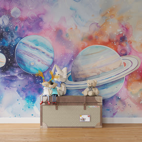 Colorful space mural wallpaper creating magical cosmic atmosphere in children's playroom